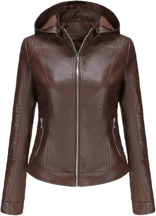 Veste En Cuir Pour Femme – Capuche Amovible, Fermeture éclair, Style Casual Automne/hiver