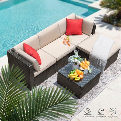 Devoko 5 Pieces Patio Furniture Sets All Weather Outdoor Sectional Patio Sofa Manual Weaving Wicker Rattan Patio Seating Sofas with Cushion and Glass Table (Beige) - Image 6