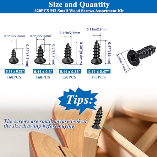 Image of 620PCS M3 Small Wood Screws Assortment Kit,Short Black Screws