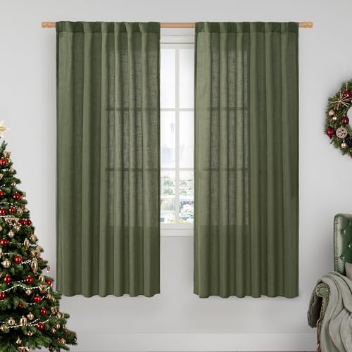 LAMIT Light Filtering Linen Curtains 68 inch for Bedroom, Linen Textured Semi Sheer Back Tab and Rod Pocket Boho Modern Christmas Decor Drapes for Living Room, Olive Green, 2 Panels, 52 x 68 Inch