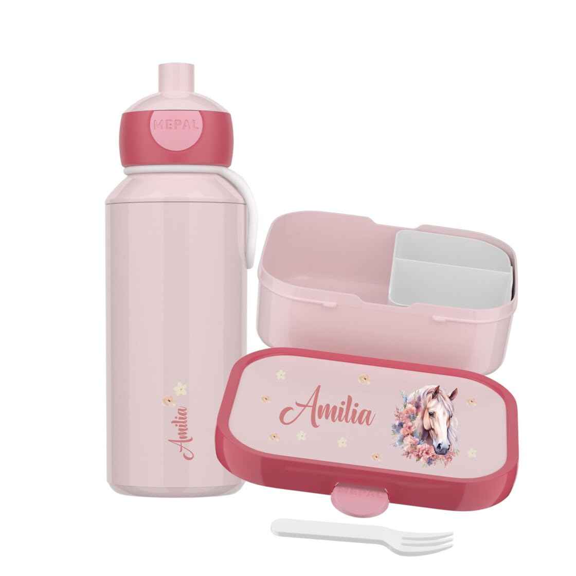 Mepal Set Brotzeitdose & Trinkflasche personalisiert, Brotdose Kinder mit Fächern, Lunch Box & Wasserflasche mit Name, auslaufsicheres Bento Box Set mit buntem Aufdruck Pferd (pink)