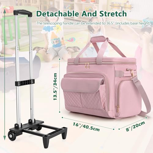 Image of LUXJA Rolling Teacher Bag with Wheels and 15.6 inch Laptop Compartment, Pink | Rolling Briefcase for Women with Accordion File Area, Teacher Tote Bag for Work with Detachable Dolly and Shoulder Strap