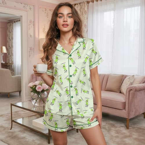 Image of Women 2PCs Satin Pajama Set Short Sleeve Silk Feel Gift Sleepwear | Soft stretch satin; relaxed comfort fit sizes S-3XL for sleep & lounge; short sleeve top, elastic waist shorts; easy care