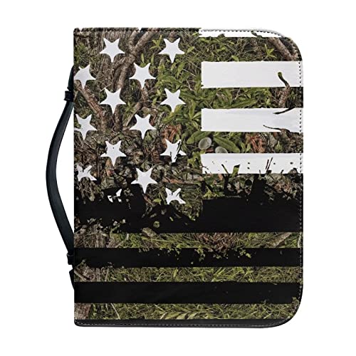 STUOARTE American Flag Camo Hunting Bible Cover Case for Women Men, PU Leather Bible Cover Bag with Pockets and Zipper for Standard and Large Size Study Bible
