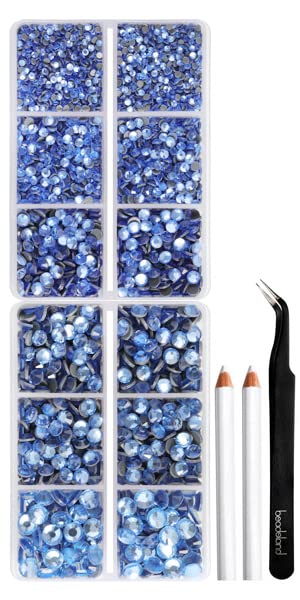 Image of 6736pcs Hotfix Rhinestones Flatback,Blue Rhinestones for Crafts Clothes Mixed 5 Sizes, Hotfix Crystals with Tweezers and Wax Pencil Kit, SS6-SS30,Lt.Sapphire