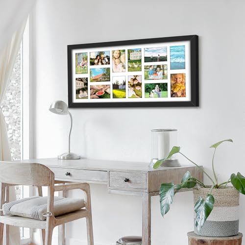 Image of DUENPY 14x30 Picture Frame 4x6 Collage Picture Frame Displays Fourteen 4x6 inch Photos Collage Wall Decor Wall Hanging Black