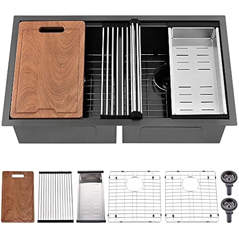 33 Inch Black Undermount Kitchen Sink Double Bowl-Bokaiya 33x19 Matte Black Stainless Steel Undermount Workstation Sink 16 Gauge Deep Low Divided 50/50 Double Bowl Kitchen Sink with Cutting Board Cover