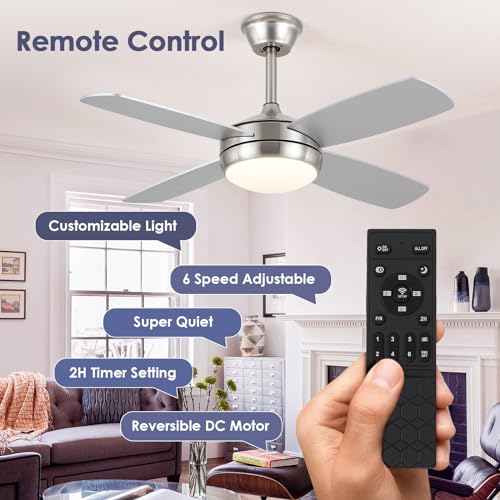 Asyko 42 Inch Ceiling Fans With Lights, Modern Ceiling Fan With Lights And Remote Control/App, Reversible Dc Motor And Dimming, Low Profile Ceiling Fans For Indoor Bedroom, Brushed Nickel thumb #1