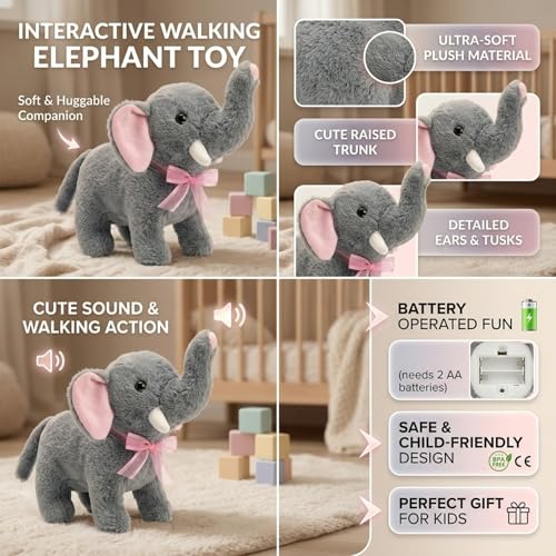 Image of GITGRNTH Real Sound Elephant Plush Toy with Walking Action , Soft Stuffed Elephant Toy for Babies Girls & Boys - Gift for Girls & Boys - Interactive Toy and Playtime Fun - Battery Not Include