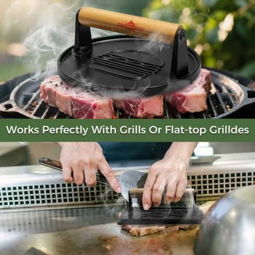 Cast Iron Smash Burger Press (2PCS),Grill Bacon Meat Press Tool,Perfect for Blackstone, Camp Chef, Weber Grills & Indoor Griddles – BBQ & Cookout Must-Have (Round & Rectangle -Grooved) - Thumbnail 4