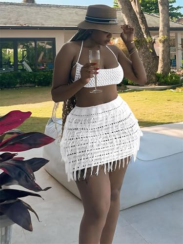 Image of CALEBGAR Women 2 Piece Outfits Sexy Crochet Mini Dress Hollow Tassel Skirts Sets Summer Bandage Tube Tops