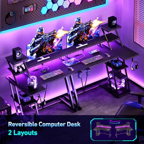 Image of Korfile 55 Inch Black Gaming Desk with LED Lights & Power Outlet, Gaming Computer Desk with Storage Shelves, L Shaped Gamer Workstations with Monitor Stand for Bedroom