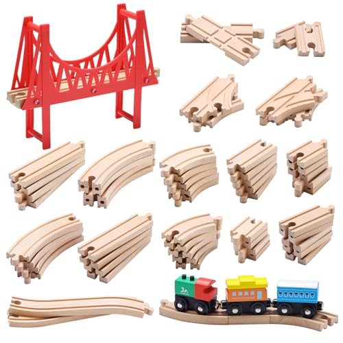 SainSmart Jr. Wooden Train Track 62 PCS with Bridge & Trains, Track Expansion with 13 Distinct...