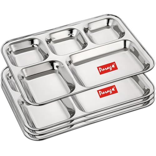 Image of Parage 4 Pieces Stainless Steel 5-Compartment Plate Set | 5 in 1 Partition Bhojan Thali | Heavy Duty Steel Dinnerware for Home Restaurant Kitchen | Durable Mess & Canteen Thali (Silver)
