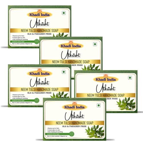 Image of Khadi Neem Tulsi Handmade Bathing Soap Bar 125g (Pack of 5) | Natural Deodorizer & Herbal Soap | Removing Dirt & Impurities | Deep Cleansing for Glowing & Brightening Skin | All Skin Types