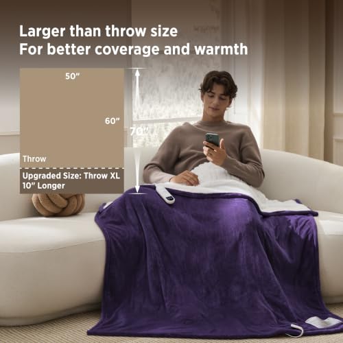 Image of Bedsure Heated Blanket Throw XL, Soft Electric Blanket with Preheat, Purple