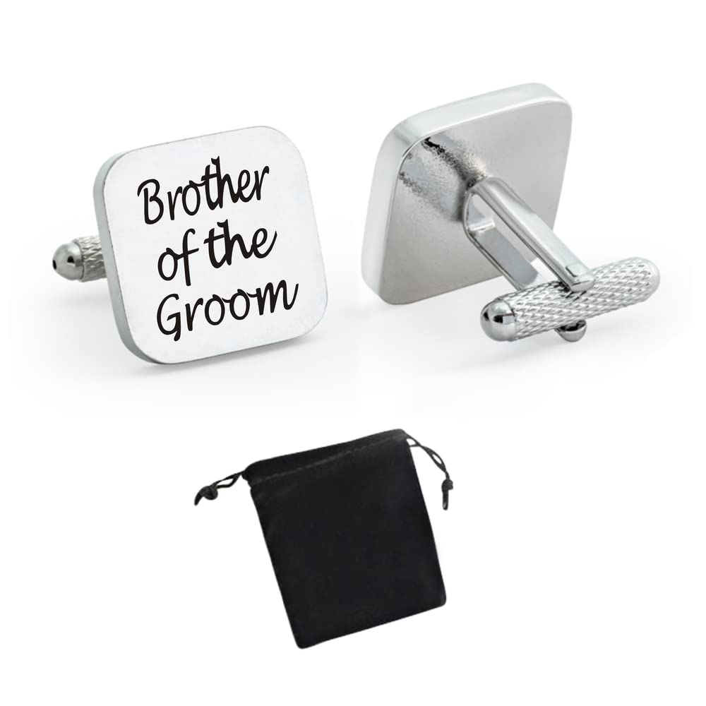 Virens Empourium - Men's Cufflinks, Square Silver Wedding Cuff links, Smart and Elegant Look, Best Man, Groom, Usher, Page Boy, Dad, Brother, and more Cufflink Titles (BROTHER OF THE GROOM)