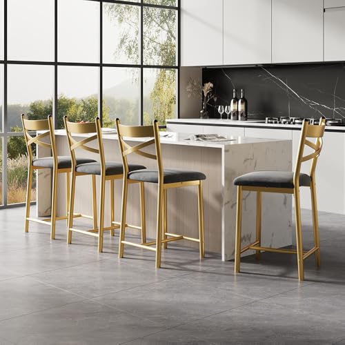 22" Bar Stools Set of 4, Counter Height Bar Stools with PU Upholstered Seat, Metal Frame Kitchen Bar Chairs with X-Design Back and Footrest for Kitchen Island, Counter Bar, Dining Room, Gold by GAOMON - Used condition - Image 2
