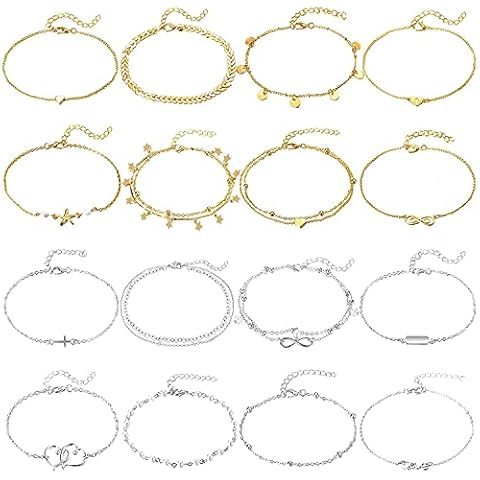 Juego de 12 tobilleras para mujer FUNEIA oro plateado Cover