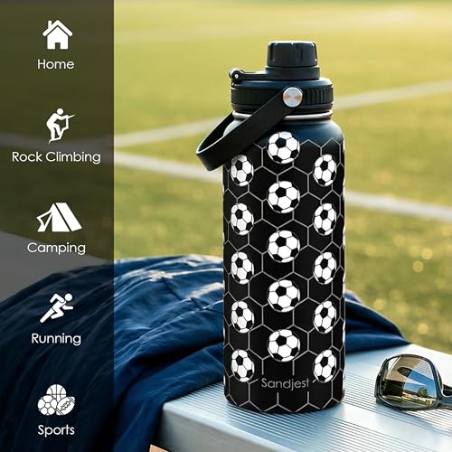 Image of SANDJEST Soccer Insulated Stainless Steel Water Bottle 32oz, Aesthetic Sport Vacuum Chug Lid Travel Tumbler for Men Friends Boys Dad Brothers, Gifts for Birthday Christmas Fathers Day