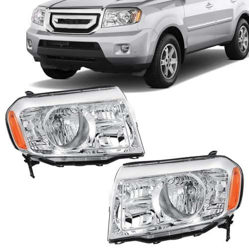 Headlight Assembly Compatible with 2009 2010 2011 Honda Pilot Halogen Headlamp Chrome Housing with Amber Reflector