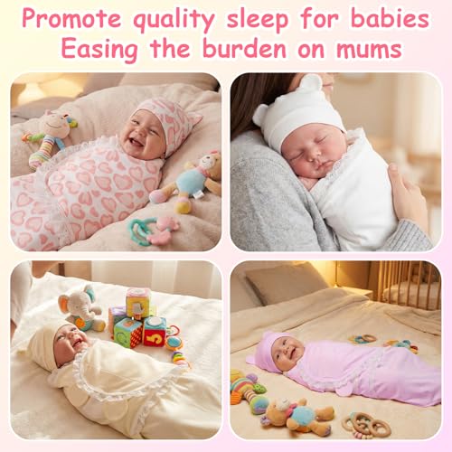 Image of Ramede 6 Pack Swaddle Blanket with Hats for Baby Girl Boy 100% Cotton Swaddles 0-3 Months, Adjustable Breathable Skin Friendly Receiving Blanket Wrap, Essential for Newborns(Lace,Light Color)