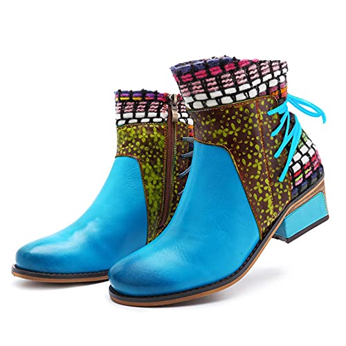 Hbeylia Vintage Boots For Women Ethnic Boho Leather Round Toe Lace Up Chunky Block Mid Heels Ankle Booties Bohemian Retro Steel Toe Dress Mid Calf Short Boots With Side Zipper For Ladies4