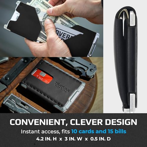 Image of Trayvax Venture Billfold Wallet, Front Pocket Money and Credit Card Holder, Minimalist Slim Leather Metal Wallet for Men and Women, Latigo Black, Billfold