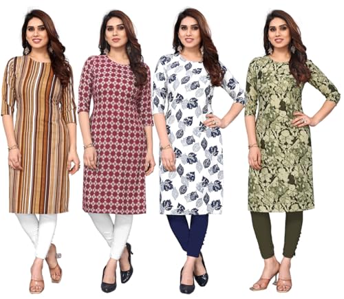 Image of JAKHANA Women's Crepe Printed Casual Straight Calf Length Round Nick Kurta Pack of 4