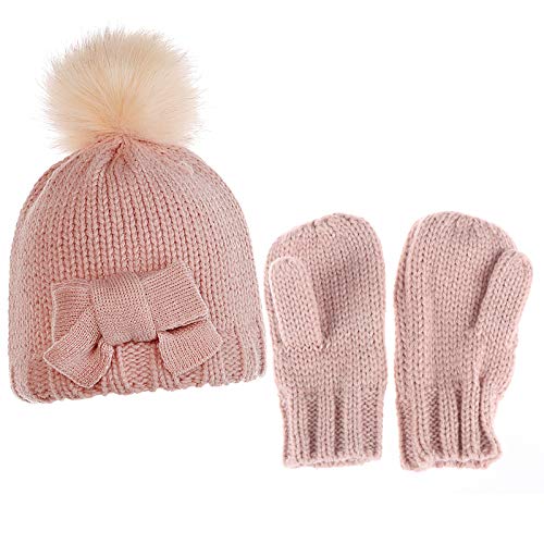 Ujuuu Winter Mittens Gloves Beanie Hat Set Knit Thick Warm Fleece Lined Hats Mittens Gloves for Boy Girl 0-3Y (Pink)
