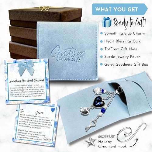 Gutsy Goodness Something Blue Wedding Key To My Heart Gift For Bride, Handmade Glass Faceted Midnight Blue Heart Bouquet Charm Pendant | Bonus Jewelry Pouch Set Bridal Shower Idea Bridesmaid Friend | Gutsy Goodness thumb #3