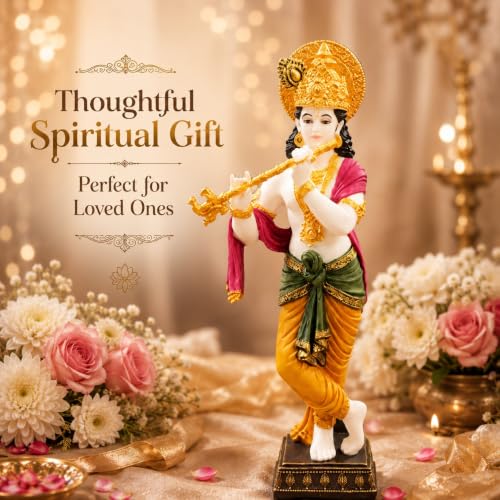 Image of ARMONIA Lord Krishna Idol Marble Dust Statue Murti | Krishana Sculpture for Home Decor, Pooja, Mandir & Gifting Item |Best Gift for Housewarming (14.9 Inches, Multicolor) (Including Microfiber Cloth)