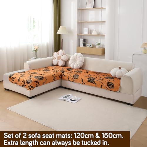 Image of HOKIPO 'Elira Series' Printed Water Repellent + Waterproof Quick Dry L Shape (2+2 Seater) Sofa Seat Cover Mat, Copper Brown Floral (AR-5245-C8 + AR-5246-C8)