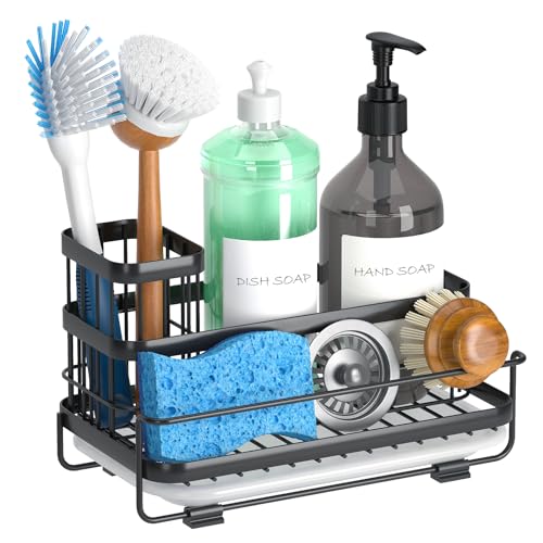 Trendy Sink Caddy Kitchen Sink Organizer, Sponge Holder for Kitchen Sink with Drain Tray, Rustproof Non-Slip Dish Soap Dispenser Rack Brush Holder, Sink Holder for Countertop Storage (Matte Black)