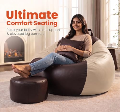 Image of Sattva Classic 3XL Bean Bag Chair with Beans Filled | Faux Leather Sofa Style Beanbag for Adults | Includes Footstool & Cushion | Comfortable Bin Bags Sofa & Beam Bag Seating for Home | Brown & Cream