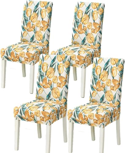 Image of Styleys Elastic Chair Cover Stretch Removable Washable Short Dining Chair Cover Protector Seat Slipcover (Set of 4, Orange Tulip, SD3210)