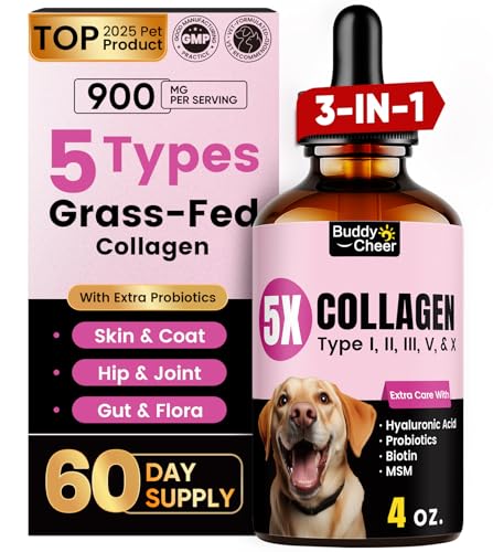 Liquid Collagen for Dogs - 5 Types of Grass-Fed Dog Collagen (I, II, III, V & X) with MSM, Biotin & Hyaluronic Acid, Collagen Drops Supporting Skin & Coat, Joint, Allergy & Itch Relief for Dogs -120ml
