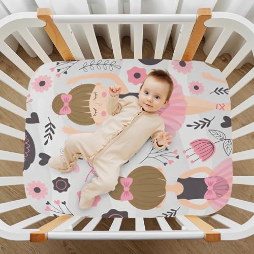 Image of Cute Ballerina Girl Crib Sheets Stretchy Portable Sheets for Baby Toddler Breathable Soft Crib Mattress Sheet for Girls Boys