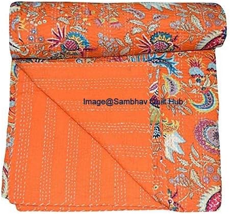 Orange Mukut Print Cotton Handmade Patchwork Quilted Blanket Indian Cotton Spread Kantha Floral Print Work Bohemian Bed Decor Block Throw Blanket Twin/King/Queen (90X108 inch)