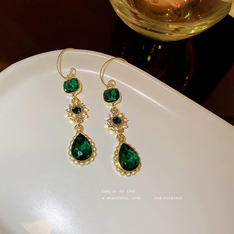 Gold Dangle Earrings with Emerald Green Crystals & Cubic Zirconia – 18K Gold Plated Elegant Triple Drop Statement Earrings for Women, Formal Party Jewelry - Image 2