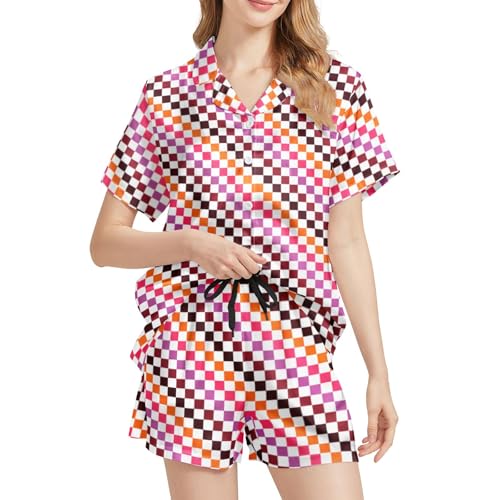 Image of Funny Pajamas for Women Set Print Satin Loungewear Pjs Short Sleeve Button Down Top and Shorts Sets Sleepwear XS-3XL