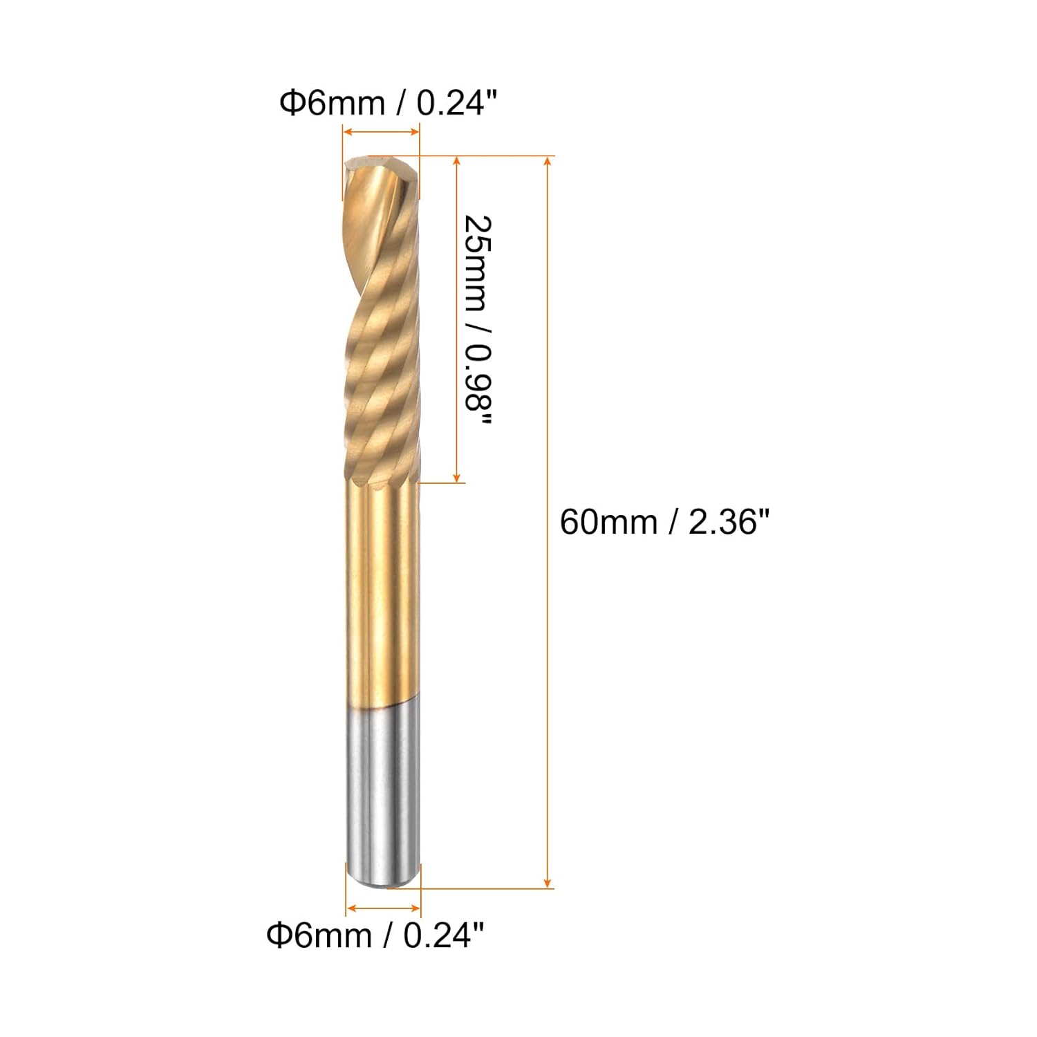 HARFINGTON End Mill CNC Router Bit 6mm Diameter 25mm Cutting 60mm Length Titanium Plated High Speed Steel Single Spiral Flute Upcut Milling Cutter for Acrylic PVC MDF Hardwood