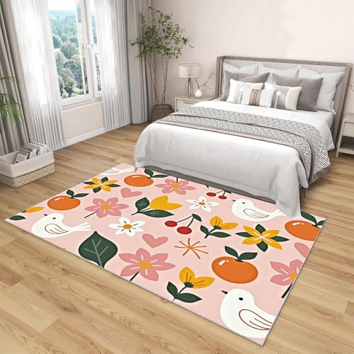 Grand tapis feuilles vertes lavable au fini floral rose raffiné - 4