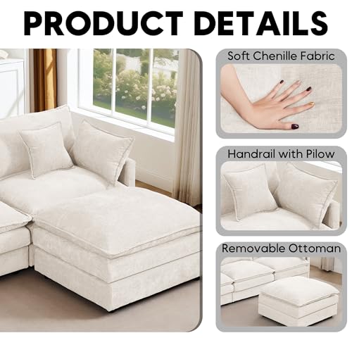 Image of 102 inch L Shaped Modular Sectional Sofa, Comfy Upholstery Chenille Cloud Couch with Ottoman, Modern 4-Seat Deep Seat Sofa with Pillow for Living Room, Apartment, Beige White