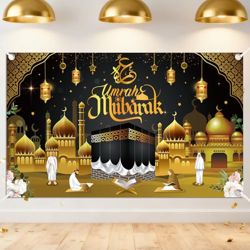 Umrah Mubarak Banner Party Decorations - Umrah Kaaba Gold Black Backdrop Banner Party Supplies Photography Background for Muslim Islamic Hajj Ramadan Eid Home Events Celebration
