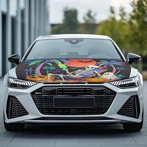 Image of Halloween Decor Car Hood Cover, Halloween Hawaii Vacation Skeleton Washable Elastic Auto Hood Protector, Funny Ghost Pumpkin Beach Skull Car Bonnet All-Season Protection