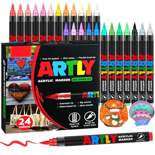 Efimeso 24 Colores de Rotuladores Acrílicos, Acrylic Markers a Base de Agua Marcadores Acrilicos Punta Pincel para Pintar Rocas, Cerámica, Madera, Tela y Lienzo