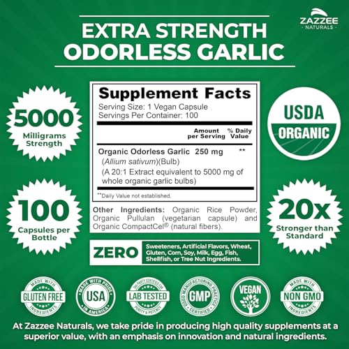 Zazzee USDA Organic Odorless Garlic 20:1 Extract, 5000 mg Strength, 100 Vegan Capsules, 3+ Month Supply, Standardized, Concentrated 20X Extract, 100% Vegetarian, All-Natural, Non-GMO, Made in The USA - Image 4