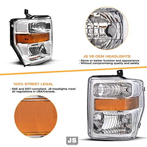 JSBOYAT Headlight Assembly Replacement for 2008-2010 Ford F-250 F-350 F-450 F-550 Super Duty Driver Passenger Side (Chrome Housing with Amber Reflector)