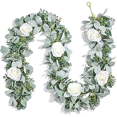 Miracliy 6 Ft Eucalyptus Garland with Flowers, Lambs Ear Greenery White Roses Flower Garland Fake Vines for Wedding Boho Table Mantle Backdrop Party Farmhouse Home Decor Cover